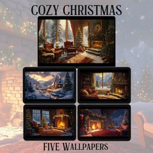 May include: Five digital images depicting cozy Christmas scenes. The images feature fireplaces, Christmas trees, and snowy landscapes. The text "Cozy Christmas" and "Five Wallpapers" are displayed on the image.