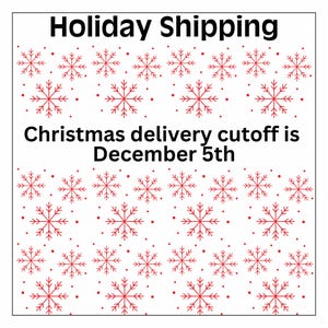 a pattern of red snowflakes against a white background, with the text "Holiday Shipping" and "Christmas delivery cutoff is December 5th" overlaid on the image.