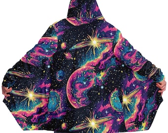 Trippy Planets Fleece Cloak: Rave Festival Hooded Coat