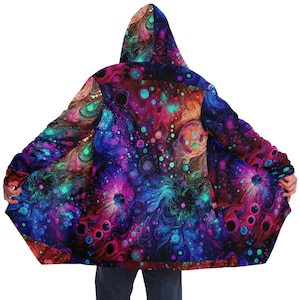 Neon Celestial Fleece Hooded Cloak: Rave Festival Coat