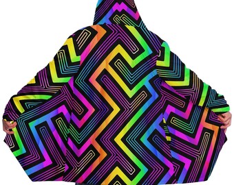 Psychedelic Shapes Fleece Rave Cloak: Hooded Winter Festival Coat