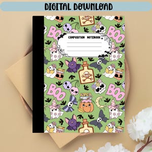 May include: A composition notebook with a green background and a Halloween-themed pattern. The pattern includes ghosts, bats, skulls, and the word "BOO". The notebook has a white label that says "COMPOSITION NOTEBOOK". The words "DIGITAL DOWNLOAD" are at the top.