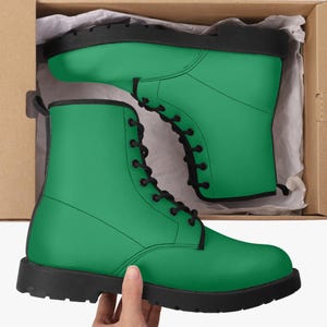 Green Vegan Leather Combat Boots: Unisex Goth Motorcycle Style