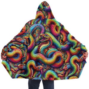 Psychedelic Rainbow Snakes Fleece Cloak: Rave Festival Hooded Coat