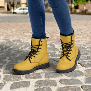 Daisy Yellow Vegan Leather Combat Boots: Unisex Goth Motorcycle Style image 3