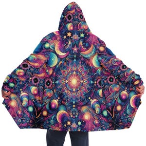 Psychedelic Celestial Sun Moons Rave Festival Cloak | Winter Fleece Festival Coat| Cloak With Hood| Rave Cloak |Rave Wear| Cloak Pattern