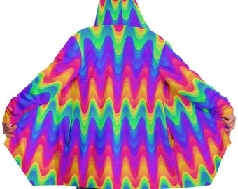 Psychedelic Fleece Rave Cloak: Hooded Festival Coat