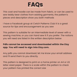 Puede incluir: Preguntas frecuentes para un patr&oacute;n de costura para un abrigo y una sudadera. El patr&oacute;n se puede hacer con tela o usar para coser ropa de osito de peluche a partir de prendas existentes. El patr&oacute;n es adecuado para una costurera de nivel intermedio e incluye una escala para comprobar el tama&ntilde;o impreso.