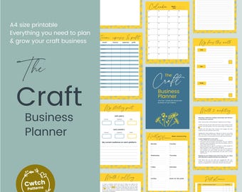 May include: A printable A4 size craft business planner with a blue and yellow floral design. The planner includes sections for income, expenses, calendar, and notes. The cover reads "The Craft Business Planner."