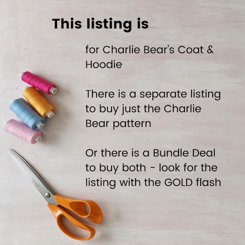 Puede incluir: Esta lista es para el abrigo y la sudadera con capucha de Charlie Bear. Hay una lista separada para comprar solo el patr&oacute;n del oso Charlie. O hay un paquete para comprar ambos: busca la lista con el flash DORADO.