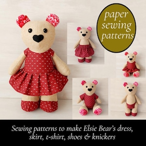 May include: A beige fabric teddy bear wearing a red dress with a white floral pattern, red shoes, and red patterned ears. The image includes text reading paper sewing patterns and Sewing patterns to make Elsie Bear’s dress, skirt, t-shirt, shoes & knickers.