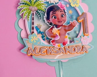 Moana Baby 1st Birthday Cake Topper Shaker, Moana party , fiesta de Flores