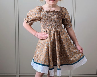 Fiona Dress | Handcrafted Child's Dress with Shirred Bodice and Lace Trim Perfect for Twirling