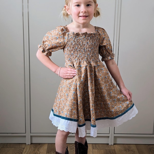 Fiona Dress | Handcrafted Child's Dress with Shirred Bodice and Lace Trim Perfect for Twirling