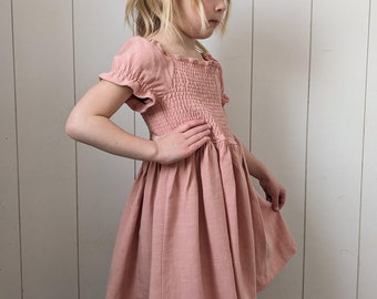 Organic Rose Linen | Handcrafted Child's Dress with Shirred Bodice