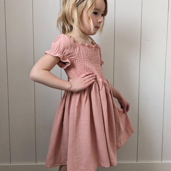 Organic Rose Linen | Handcrafted Child's Dress with Shirred Bodice