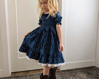 Malin Dress | Handcrafted Child's Dress with Shirred Bodice and Lace Trim Perfect for Twirling