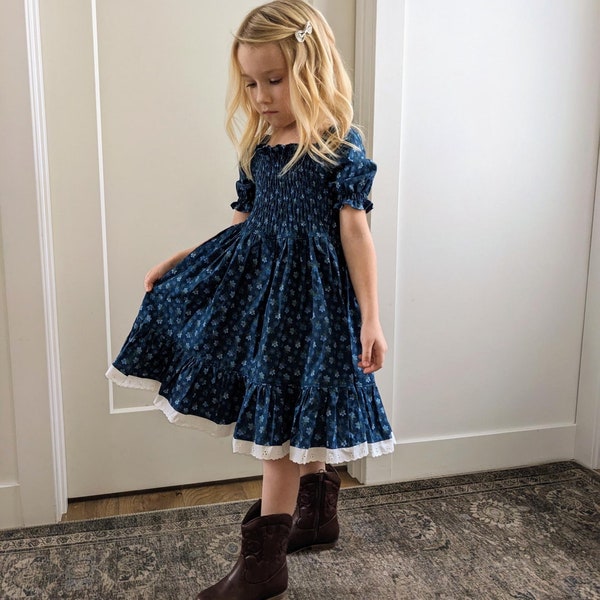 Malin Dress | Handcrafted Child's Dress with Shirred Bodice and Lace Trim Perfect for Twirling