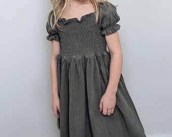 Organic Sage Linen | Handcrafted Child's Dress with Shirred Bodice