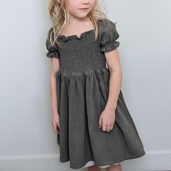 Organic Sage Linen | Handcrafted Child's Dress with Shirred Bodice