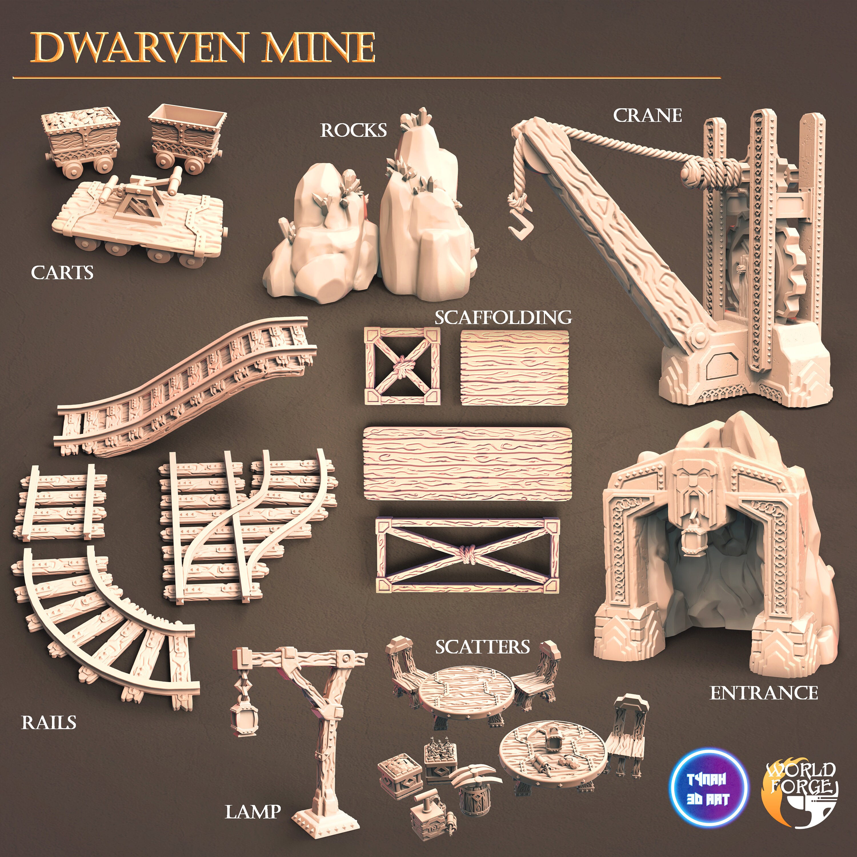 Dwarven Mine terrains for 32 mm miniatures games like Dungeons and Dragons, Pathfinder, boardgames