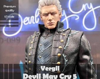 May include: A detailed figurine of Vergil from Devil May Cry 5. The figure has white hair and is wearing a black coat with gold buttons and teal accents. The text "Vergil Devil May Cry 5" is displayed on the bottom. The figure is 1/7 scale.