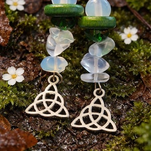 White opal, opal chips, trinity celtic knot charm, hypoallergenic dangle earrings