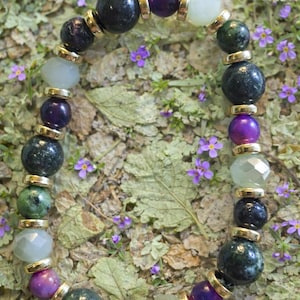 Dark purple sugilite, ruby zosite, aquatic agate, glass crystal bead bracelet