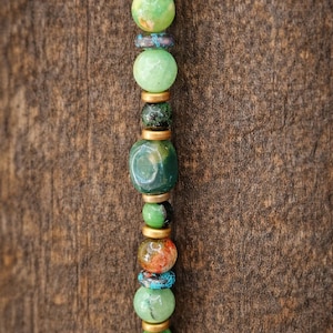 greener pastures ruby zosite, moss agate, green calcite lanyard
