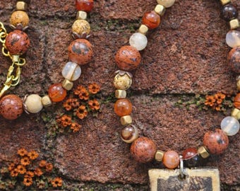 Jasper, mahogany obsidian, onyx, red agate, vintage wooden OM pendant necklace