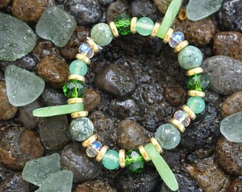 Dark jade, green stripe agate, Indian agate, glass crystal bead bracelet