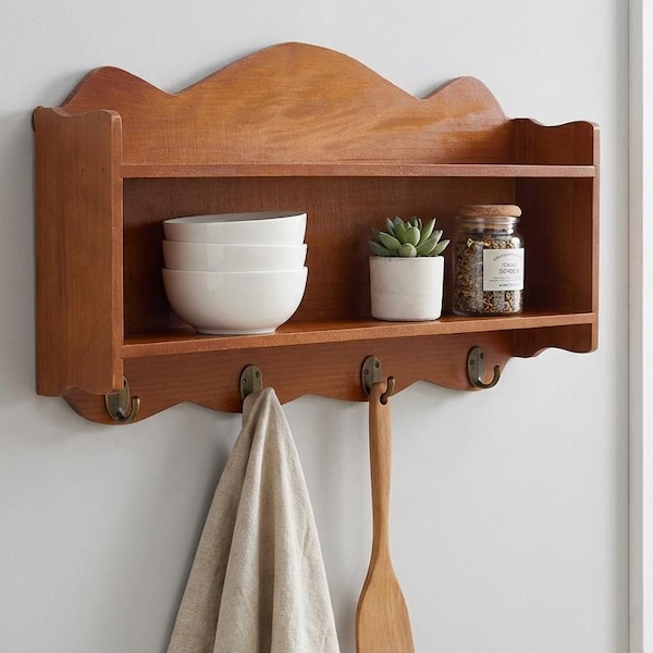 Estante de cocina con ganchos, Estante de almacenamiento de cocina, Estante para tazas de café con estante, Barra de café colgante, Estantes de cocina rústicos, Escurreplatos de pared de madera