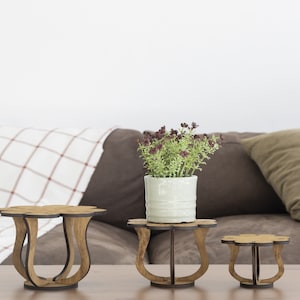 Puede incluir: Tres soportes decorativos de madera para plantas de diferentes tamaños. Los soportes tienen una parte superior en forma de flor y patas curvas. Una pequeña maceta de cerámica verde claro con una planta está en el soporte central.