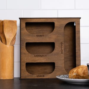 木製バッグオーガナイザー、食品保存バッグボックス、木製バッグディスペンサー、プラスチックバッグホルダーキッチン、食品バッグオーガナイザー、プラスチックバッグ収納ボックス