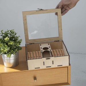 Opbergdoos voor sigaren, houten sigarenkist, sigarenkistjes, sigarenkoker, humidor met glazen bovenkant, houten kist met deksel, compartimentdoos, lege sigarenkist
