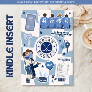 May include: A Kindle insert featuring a light blue and white checkered background with various hockey-themed stickers, including four players in jerseys, a Briar Hockey logo, a couple embracing, a locker room key, and a book list titled Off Campus.