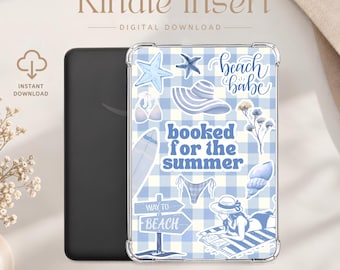 May include: A Kindle insert featuring a light blue and white gingham pattern decorated with summer-themed stickers including a starfish, sun hat, bikini, surfboard, seashell, and a person reading on a towel with the text booked for the summer.
