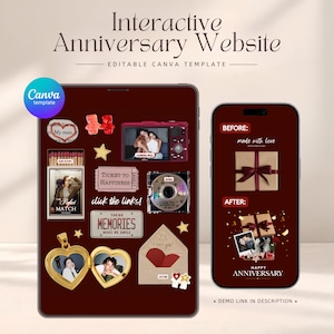 May include: An interactive anniversary website Canva template displayed on a tablet and smartphone. The design features a dark red background with digital stickers including a heart locket, camera, ticket, and envelope. Text includes Interactive Anniversary Website, Editable Canva Template, Before, After, and Happy Anniversary.
