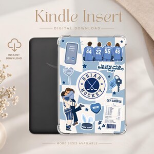 May include: A clear Kindle case insert featuring a light blue and white checkered background with hockey-themed stickers including four players in jerseys, a Briar Hockey logo, a couple embracing, a phone screen, and Off Campus text.