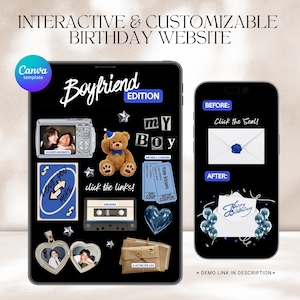 Op de afbeelding: Een interactieve en aanpasbare Canva-sjabloon voor een verjaardagswebsite in de boyfriend-editie. Het digitale display toont een teddybeer, een cassettebandje, een hartvormig medaillon en een envelopafbeelding met de tekst "Click the Seal!" en "Happy Birthday."