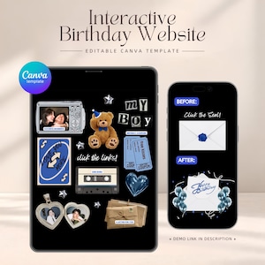 Könnte beinhalten: Eine interaktive Geburtstags-Website als Canva-Vorlage auf einem Tablet und Smartphone. Der Tablet-Bildschirm zeigt einen Teddybären, eine Kassette, ein Herz-Medaillon und Fotos. Das Smartphone zeigt einen Umschlag mit blauem Wachssiegel und Luftballons.