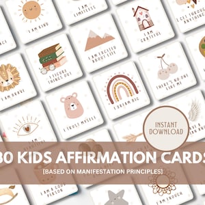 30 Kids Affirmation Flash Cards, visuals based on manifestation principles, positivity cue cards, neutral boho tribal style, happy box cards