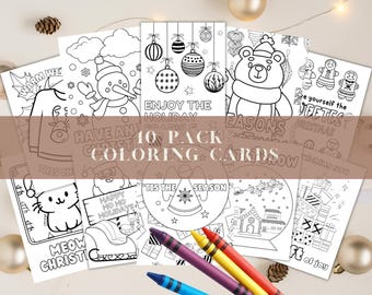 May include: A set of 10 blank coloring cards featuring various winter holiday themes. The cards include images of a snowman, a cat, a bear, a Christmas tree, and a snow globe. The text on the cards includes phrases like "Warm Wishes", "Have a Holly Jolly Christmas", "Happy Holidays", and "Tis the Season".