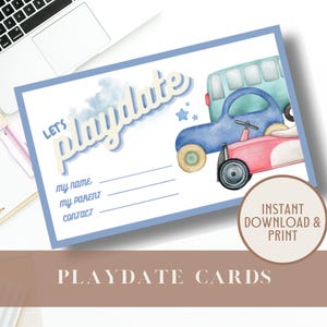Cartões de encontro para brincar para imprimir em carros de brinquedo, cartões de visita azuis divertidos para meninos, fim do período escolar, cartão de visita para encontro para brincar, cartão de contato para manter contato