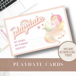 Cartões de encontro para brincar para imprimir com unicórnio, cartões de visita femininos coloridos com arco-íris, fim do período escolar, cartão de visita para encontro para brincar, cartão de contato para manter contato