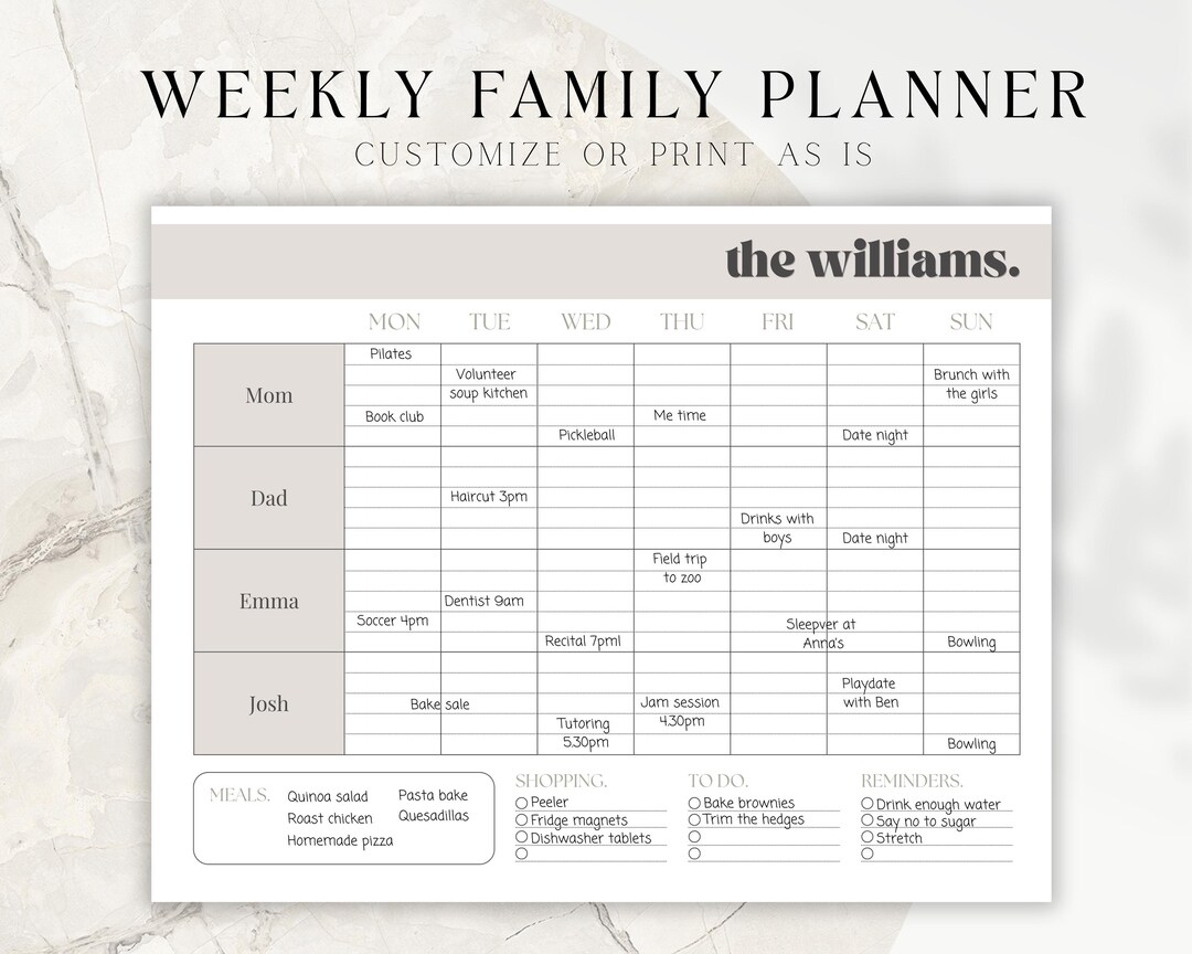 Editable Weekly Family Planner, Printable Household Schedule, Landscape ...