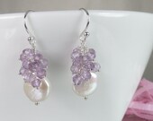 Pink Amethyst and Coin Pearl Dangle Earrings. Faceted Genuine Gemstones and Freshwater Pearls. February, June Birthstones. Bridal Jewellery