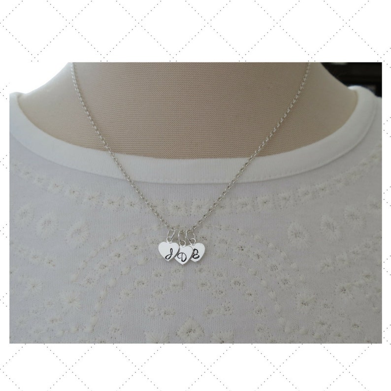 Personalized Sterling Silver Necklace. Hand Stamped Tiny Hearts Initial Necklace