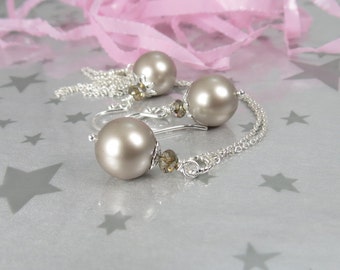 Hand Stamped Heart Charm on a Swarovski Platinum Pearl Wedding Pendant with Matching Earrings Sold as a Set. Pearl Bridal Jewelry.