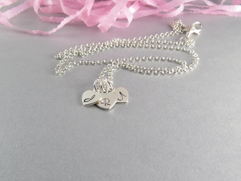 Personalized Sterling Silver Necklace. Hand Stamped Tiny Hearts Initial Necklace